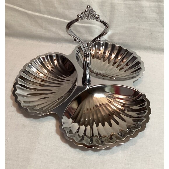 Scalloped Silver Colored Shell Serving Tray Three Sections Handle Hong Kong VG - Picture 1 of 10
